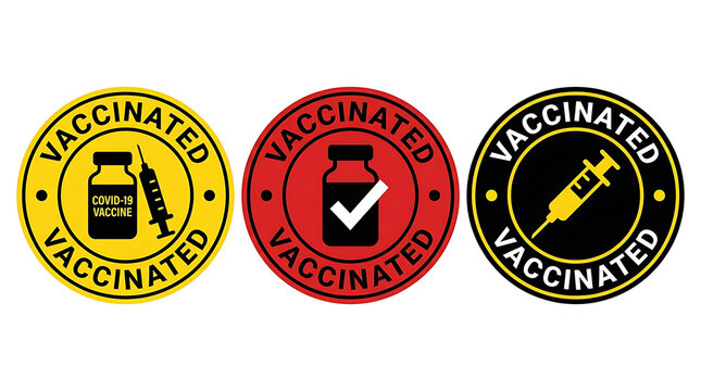 Three colorful round stamps featuring vaccination text alongside vial and syringe symbols meant for promoting public health awareness campaigns during ongoing global pandemic recovery efforts