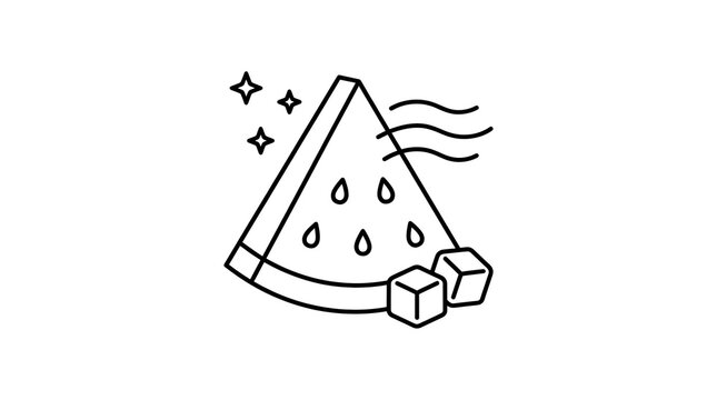 A crisp outline icon depicting a refreshing slice of juicy melon paired with cooling ice cubes and gentle breeze lines representing summer hydration and fruity health benefits for any project