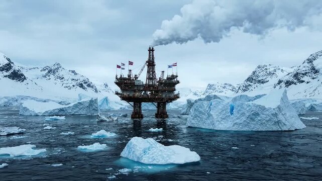 Offshore oil drilling platform in arctic waters with icebergs and smoke emissions oil rig antarctic