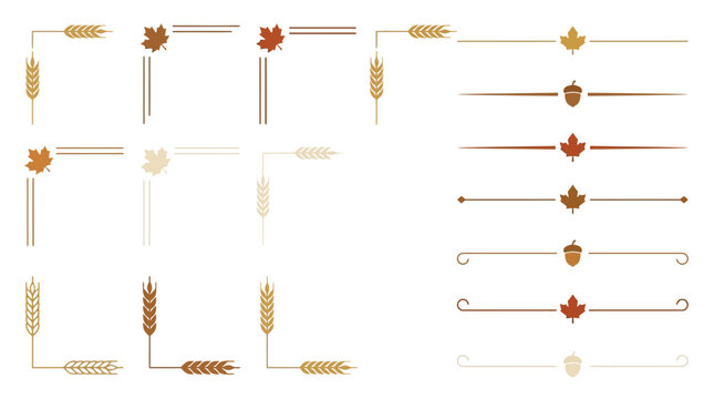Autumn decorative border set, fall harvest corner frames with maple leaves and wheat, elegant seasonal page dividers for thanksgiving invitations isolated PNG with Transparent Background Editable EPS
