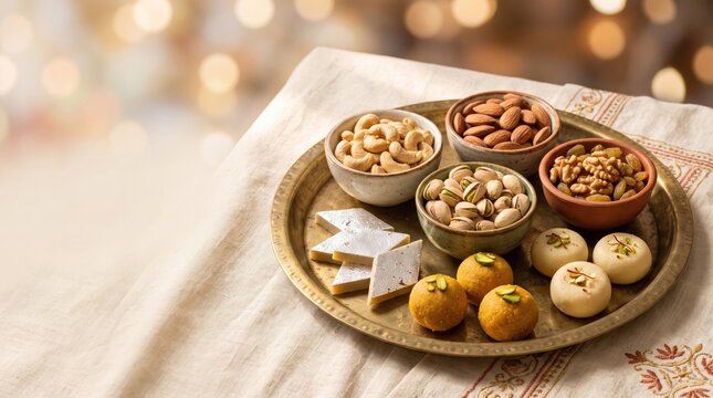 Traditional indian sweets kaju katli, ladoo, peda and dry fruits on a festive brass tray with blurred bokeh background, with copy space