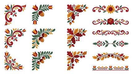 Fototapeta premium Autumn floral corner borders and dividers, vintage folk art botanical ornaments with acorns and oak leaves, 15 decorative vector elements isolated PNG with Transparent Background Thanksgiving 