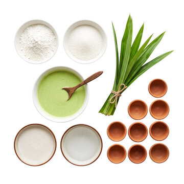 Ingredients for Thai khanom tuay fu steamed rice cupcakes isolated on transparent background