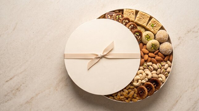Top view of a festive gift box filled with traditional indian sweets mithai and assorted dry fruits and nuts on a light marble background, with copy space