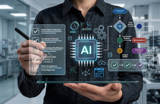 enterprise ai automation interface showing intelligent workflow management with task checklists and digital process orchestration for optimizing business productivity and monitoring system performance