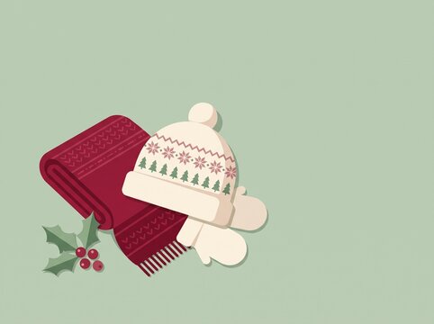 a flat vector illustration of winter hat scarf and mittens for a christmas greeting card