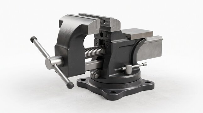 Heavy-duty bench vise with dark gray cast iron body, swivel base with mounting holes, steel screw and sliding T-handle, textured steel jaws and flat anvil top, workshop clamping tool isolated on white