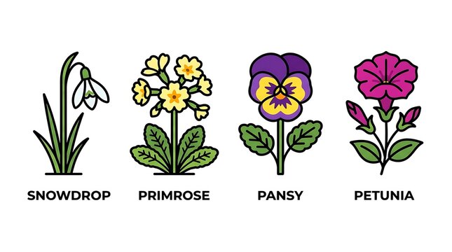 A vibrant collection of four popular spring flower illustrations including snowdrop primrose pansy and petunia rendered in a charming flat outline style for botanical and nature-themed designs