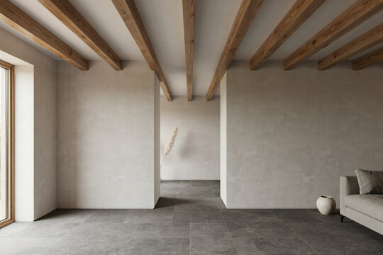 Minimalist Interior Living Space Featuring Exposed Wooden Ceiling Beams and Earthy Stone Tile Flooring in a Modern Neutral Aesthetic Room