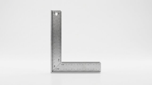 Stainless steel L-shaped try square ruler with inch markings 1/8 and 1/16, precision 90-degree angle measuring tool standing on white background for carpentry.