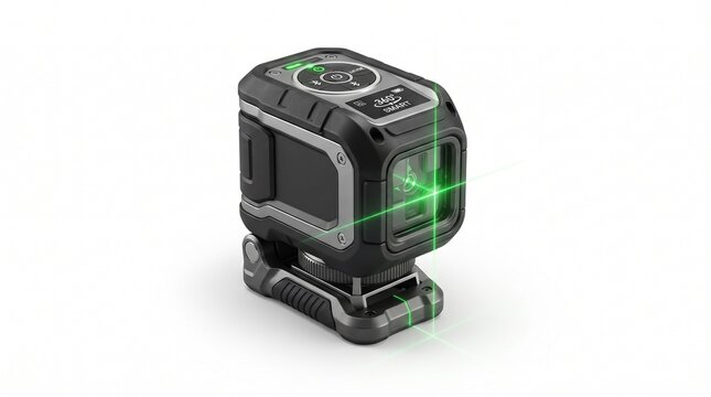 Compact black 360 SMART cross line laser level projecting bright green horizontal and vertical beams, control panel on top, mounted on swivel base, isolated on white background.