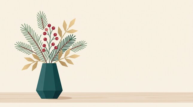 a flat vector illustration of winter pine branches in a vase for a christmas greeting