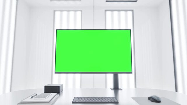 PC Computer with Green Screen Monitor Mockup in Modern Lab Workspace