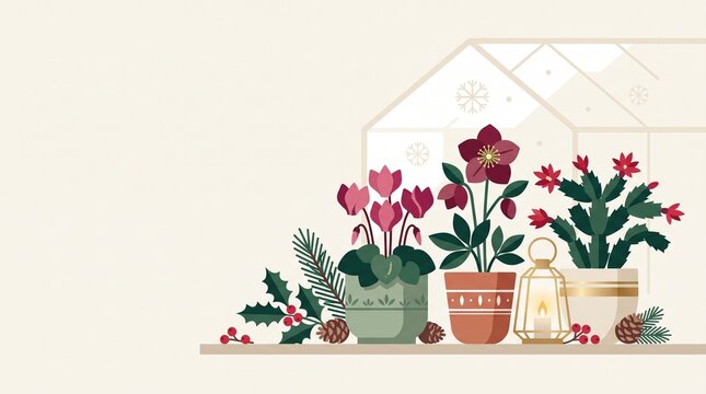 a flat vector illustration of winter potted plants and a lantern for a christmas greeting