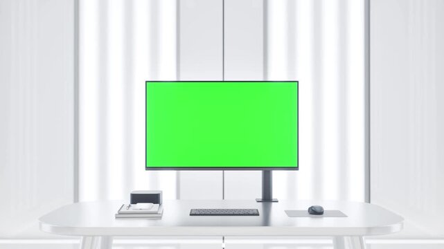 PC Computer with Green Screen Monitor Mockup in Modern Lab Workspace