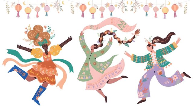 Dynamic Alegria flat vector illustration of stylized faceless figures with flowing hairstyles dancing in festive attire under hanging colorful Christmas ornaments and decorations on clean background