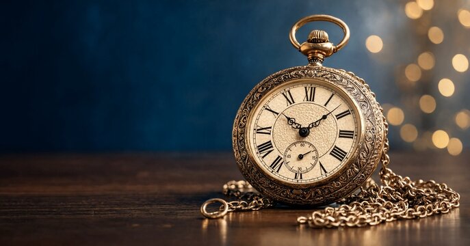 Antique pocket watch with gold chain resting on wooden surface during soft bokeh lights background