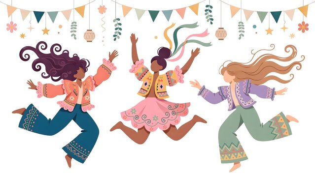 Dynamic Alegria flat vector illustration of stylized faceless figures with flowing hairstyles dancing in festive attire under hanging colorful Christmas ornaments and decorations on clean background