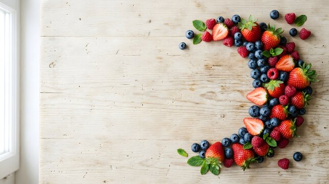 Fresh seasonal strawberries raspberries and blueberries arranged into a curved crescent shape resting upon a rustic wooden surface representing healthy harvest snacks for summer diet and