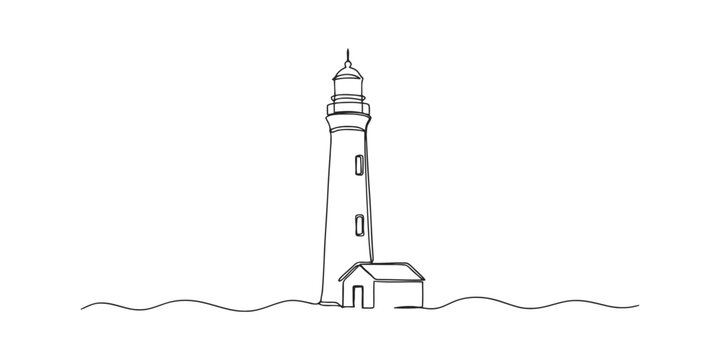 Continuous single line drawing of a tall lighthouse beacon tower by the sea ocean waves
