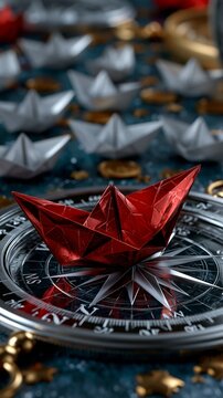 A shiny red origami boat sits on a compass while white boats float in the background among gold coins.
