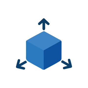 3D blue cube with expansion arrows icon for scalability, dimension, and spatial development vector illustration isolated on white background