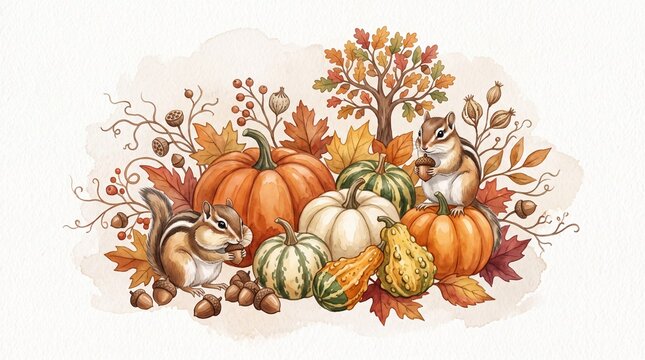 Woodland Chipmunks with Pumpkins and Fall Leaves Illustration