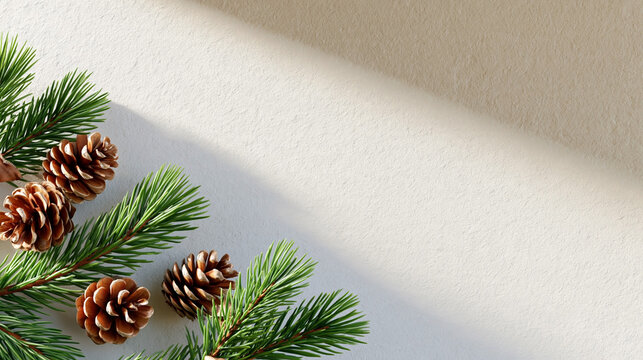New year background with green pine branches and natural pinecones on a light textured surface with sunlight, shadows and copy space