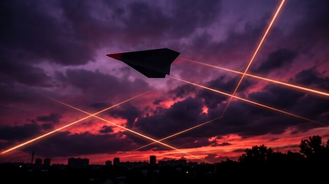 Paper airplane soaring through a dramatic stormy sky with vibrant red light streaks and city skyline