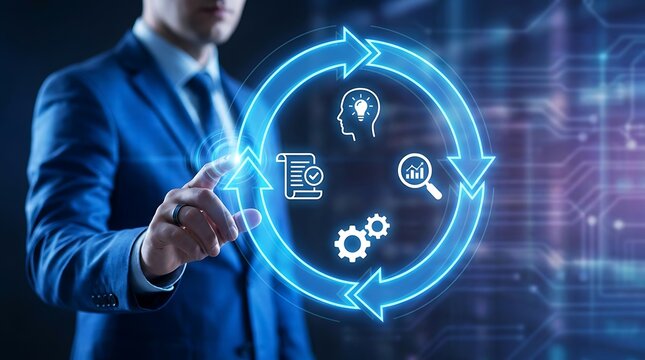 Business professional optimizing digital workflow process with interactive technology