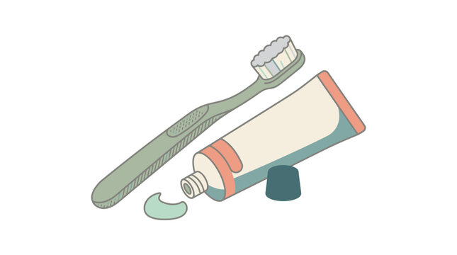 Green toothbrush and toothpaste tube vector illustration for daily oral hygiene and dental health care routines with white background