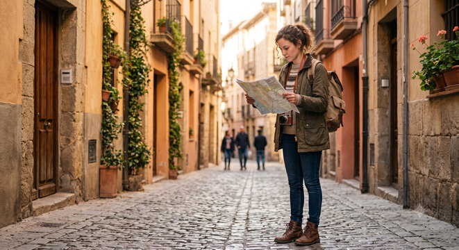 Solo traveler looking at paper map in European alleyway.