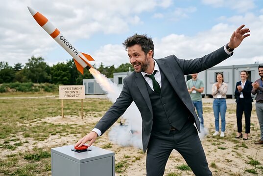 Businessman Launches Model Rocket Labeled Growth Outdoors.