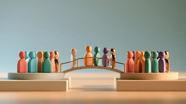 Minimalist wooden figures crossing small bridge between platforms representing connection