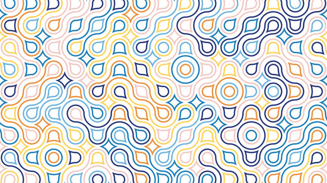 Colorful abstract seamless pattern with interlocking rounded lines and circular geometric shapes