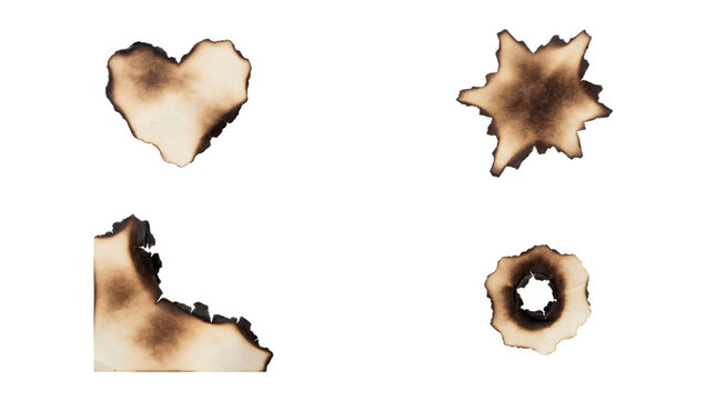 Collection of burnt paper edges featuring various geometric shapes and charred hole textures isolated on a clean white background