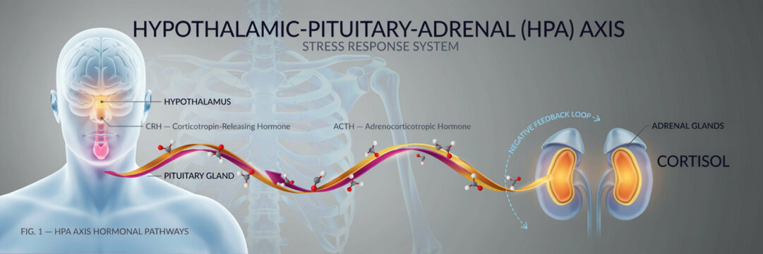 The Hypothalamic-Pituitary-Adrenal (HPA) axis illustrated as a stress response system in the human body, showing brain signals to adrenal glands producing cortisol