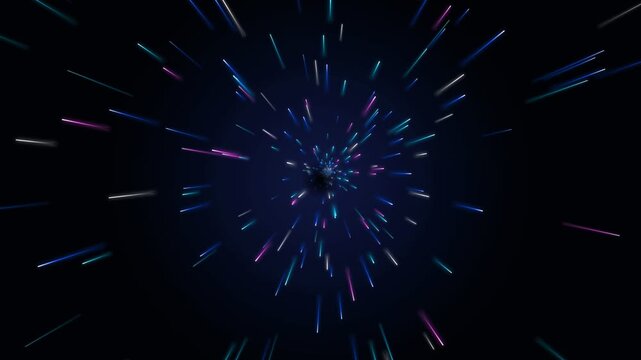 A vibrant vortex of glowing multicolored lines rushes forward rapidly through the deep darkness of interstellar space, creating an immersive optical sensation of infinite warp speed travel