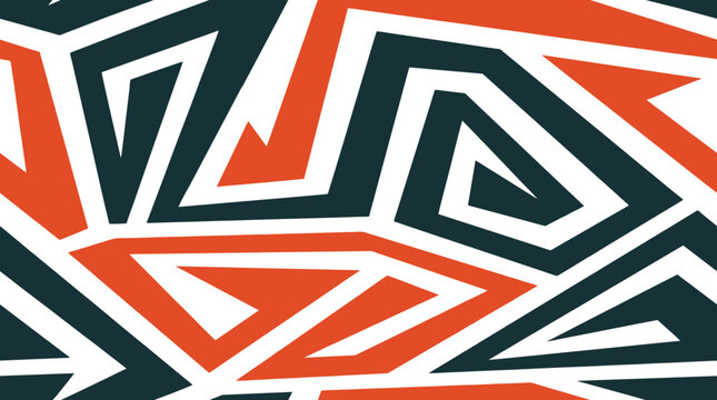 Geometric seamless pattern featuring interlocking angular lines in dark teal and burnt orange colors
