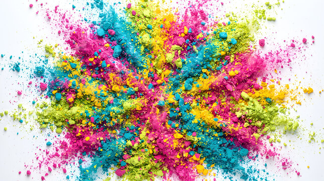 Top-down pattern color full background of exploding powder in electric pink, turquoise, yellow, and lime green, photography