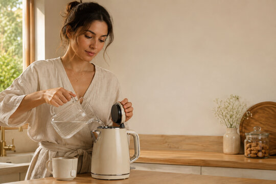 Woman pouring clear water from glass pitcher into electric kettle in kitchen.