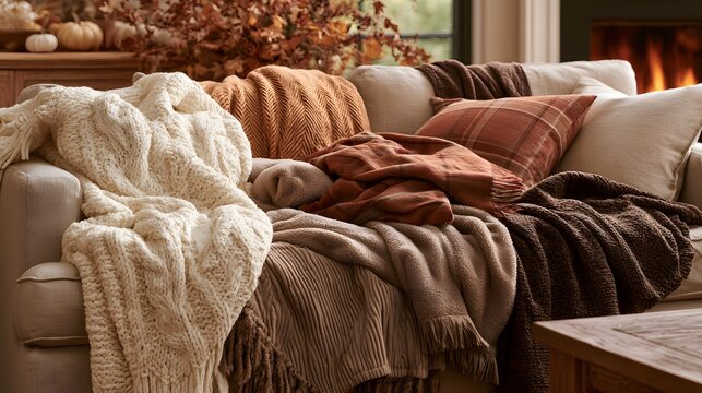 Cozy living room setup with layered autumn blankets and pillows on a sofa
