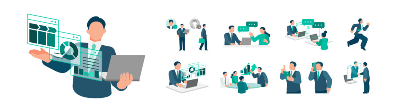 An integrated business workflow visualization guides sales teams through daily routines from office arrival to contract execution while streamlining document management