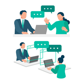 A dual consultation process connects corporate sales representatives with clients through both face-to-face meetings and remote laptop sessions to gather project requirements