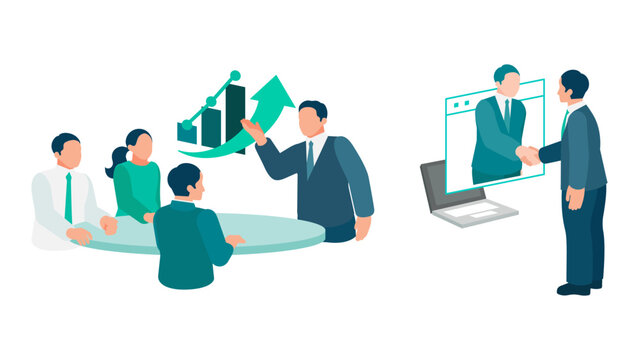 A complete sales cycle connects face-to-face client pitching with remote contract execution to secure agreement across modern digital collaboration channels