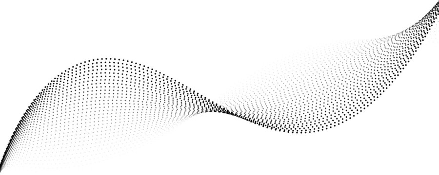 Abstract flowing wave pattern composed of numerous small black dots on a white background