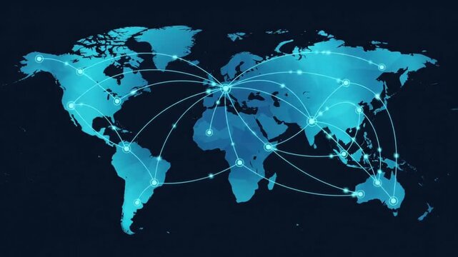 Interactive world map showing global communication network connections with glowing data nodes and digital lines in this animated motion video footage