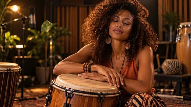 A curly-haired performer seated beside a wooden hand drum in a warmly lit recording room, surrounded by percussion instruments, plants and intimate amber illumination