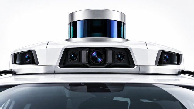 Driverless car roof sensor array with lidar and cameras isolated on white
