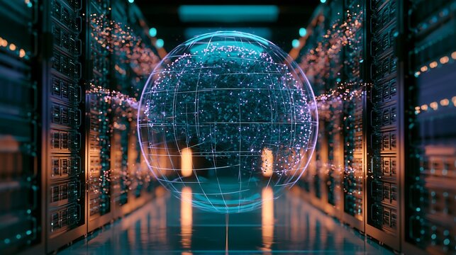 Futuristic server room hosting glowing digital sphere with neural network lines